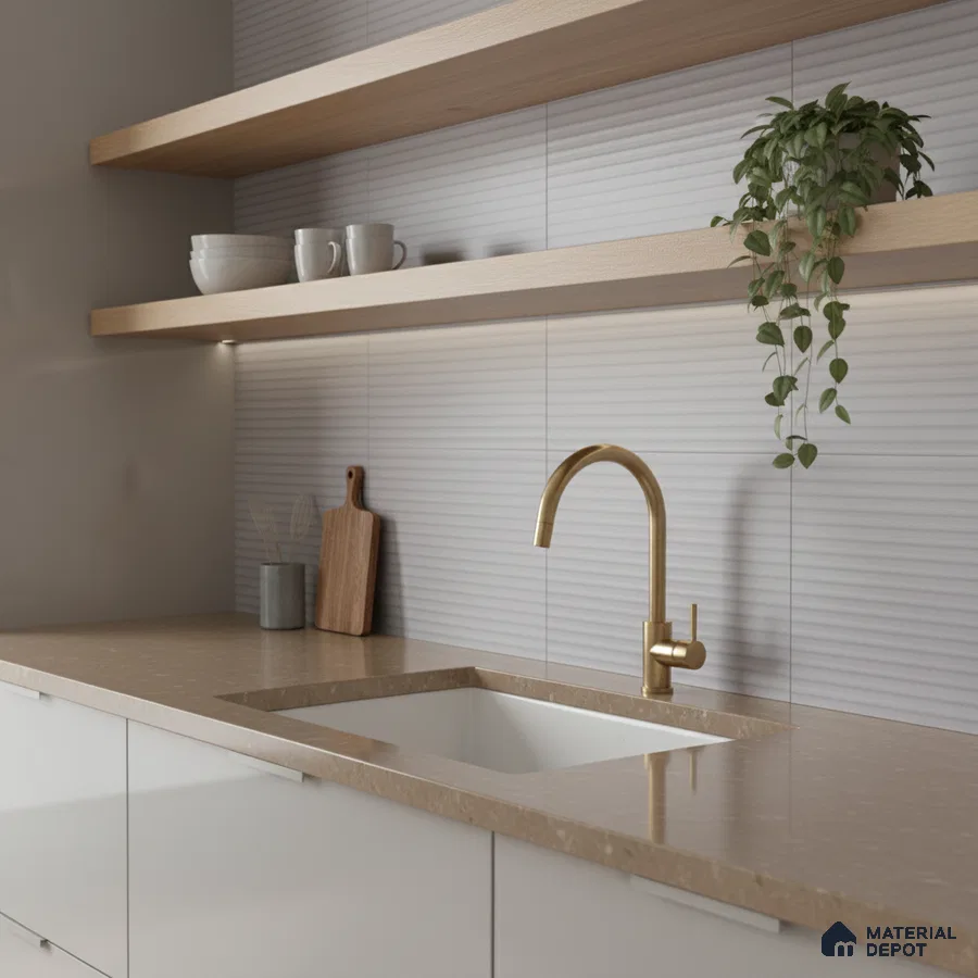 Minimalist kitchen with beige quartz countertop, ribbed white wall tiles, and light wood open shelves