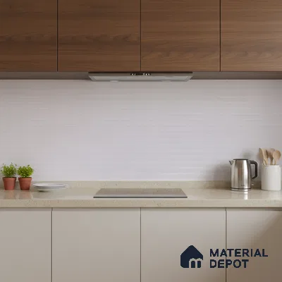 Minimalist kitchen with walnut brown laminate, frosty white base cabinets, and beige quartz countertop