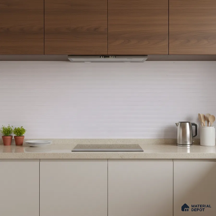 Minimalist kitchen with walnut brown laminate, frosty white base cabinets, and beige quartz countertop