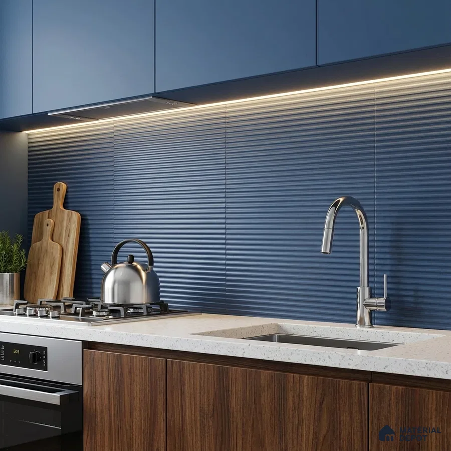 Modern kitchen with blue fluted backsplash tile, blue laminate cabinets, and walnut wood laminate base cabinets