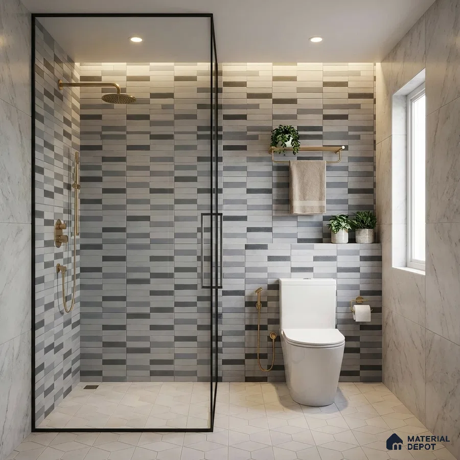 Modern bathroom with grey geometric wall tiles and white marble-look wall tiles