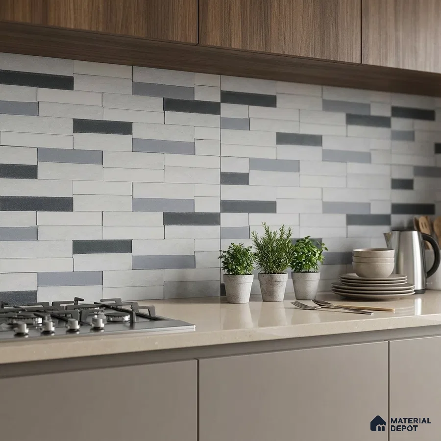 Modern kitchen with walnut laminate cabinets, grey stacked subway backsplash tiles, and beige quartz countertop