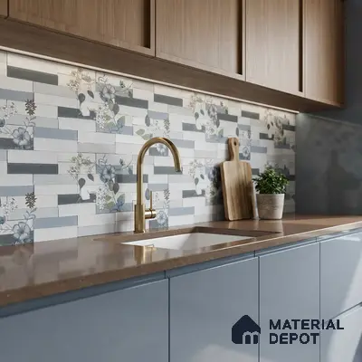 Modern kitchen with blue glossy laminate, brown quartz countertop, and floral patterned subway backsplash tiles