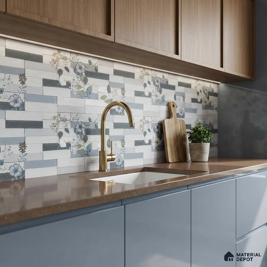 Modern kitchen with blue glossy laminate, brown quartz countertop, and floral patterned subway backsplash tiles