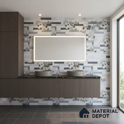 Modern bathroom with floral and striped wall tiles, dark wood laminate vanity, and grey floor tiles