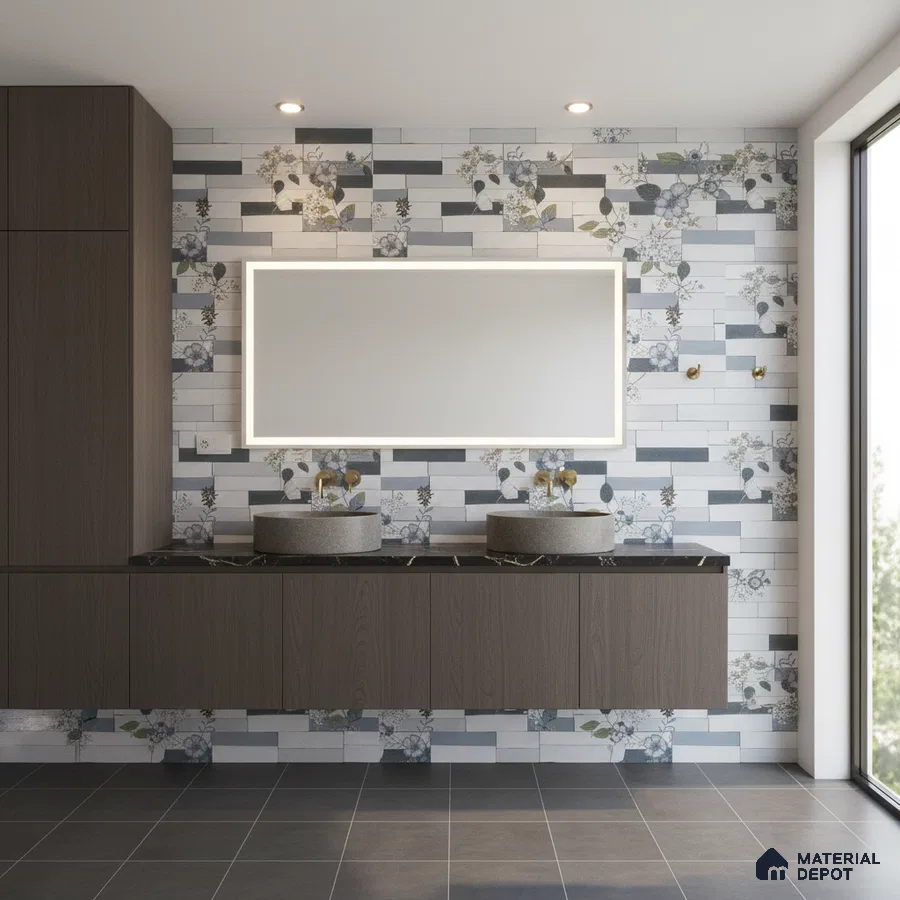 Modern bathroom with floral and striped wall tiles, dark wood laminate vanity, and grey floor tiles
