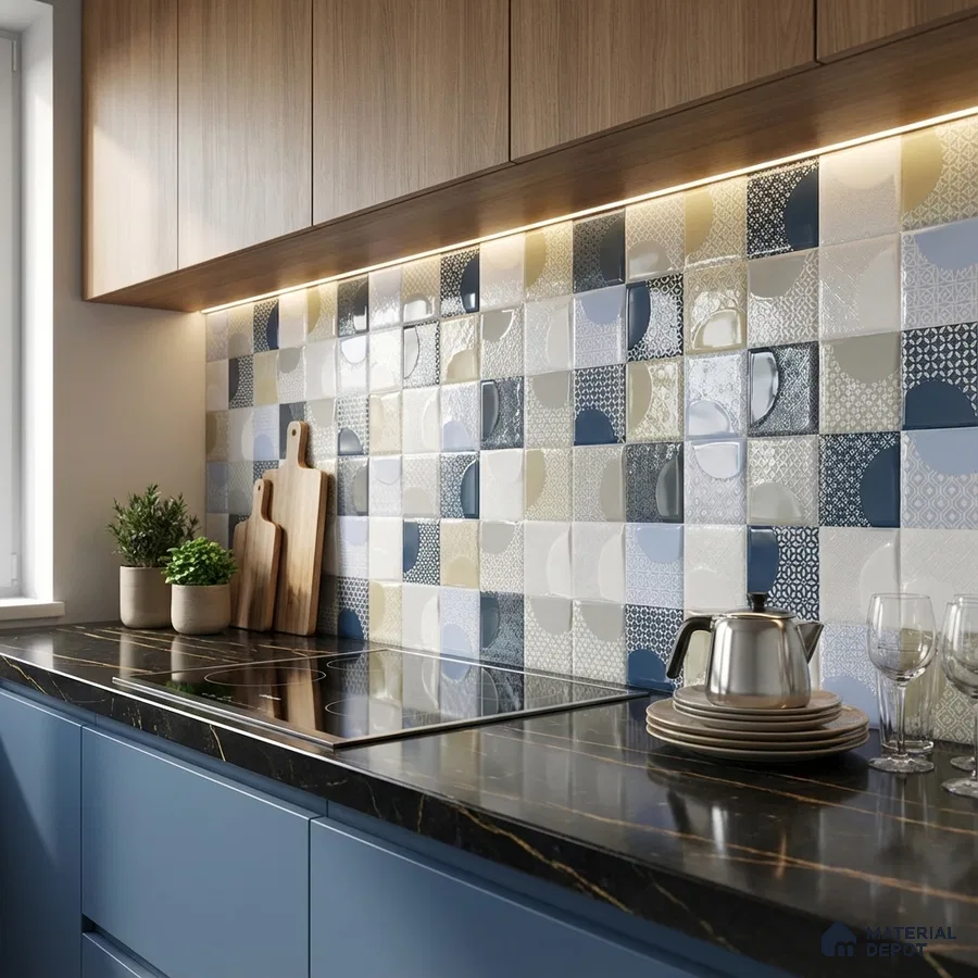 Modern kitchen with blue patterned backsplash tiles, black marble countertop, and wood grain laminate cabinets