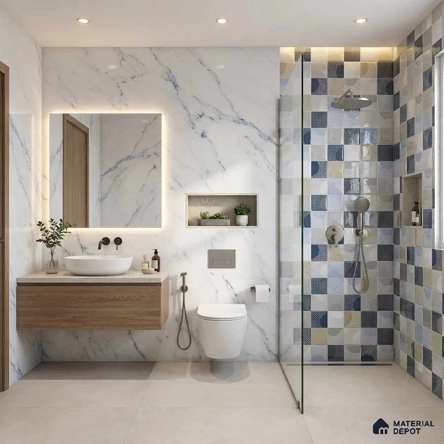 Modern bathroom with white marble wall tiles, patterned blue and beige shower tiles, and wood vanity