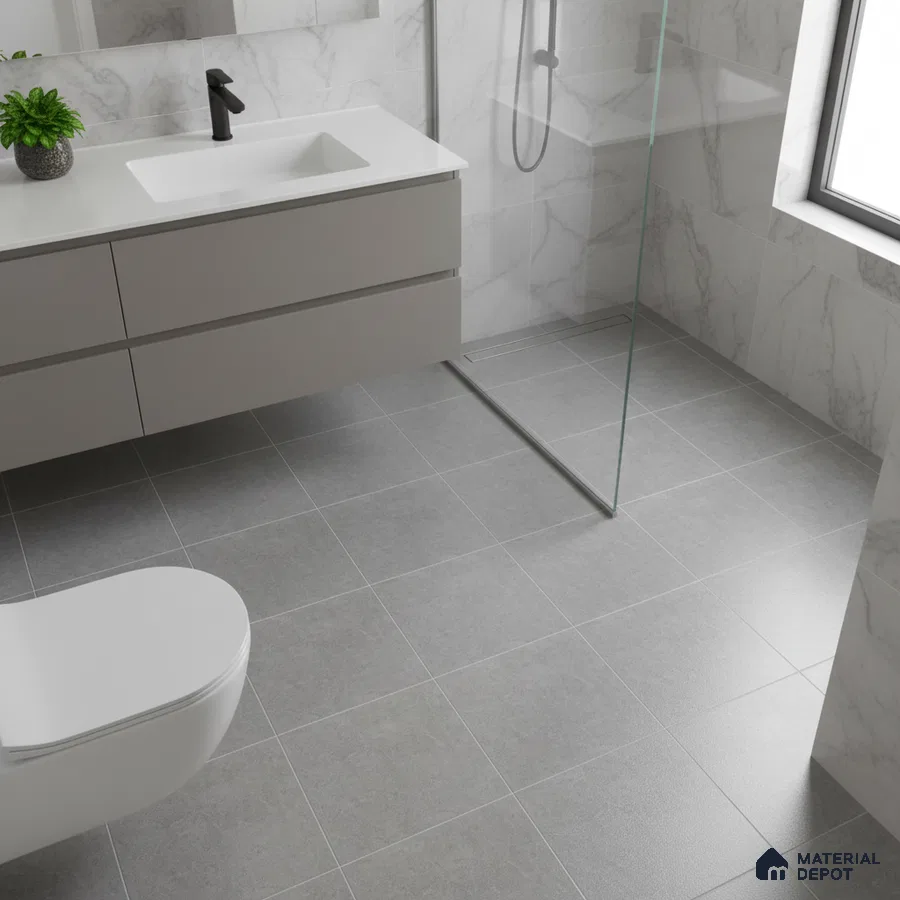 Minimalist bathroom with grey floor tiles and white marble-look wall tiles