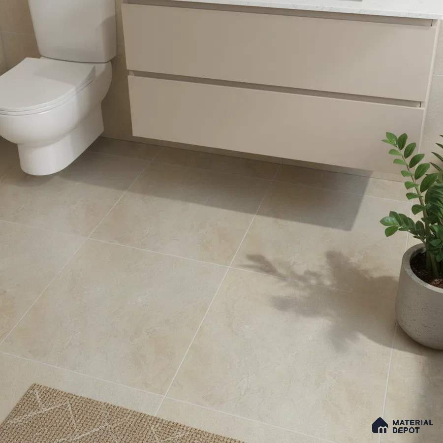 Modern bathroom with beige stone-look floor tiles and frosty white floating vanity