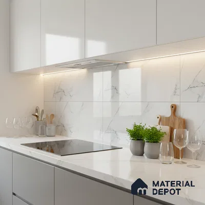 Minimalist kitchen with white marble-look backsplash tile and white quartz countertop