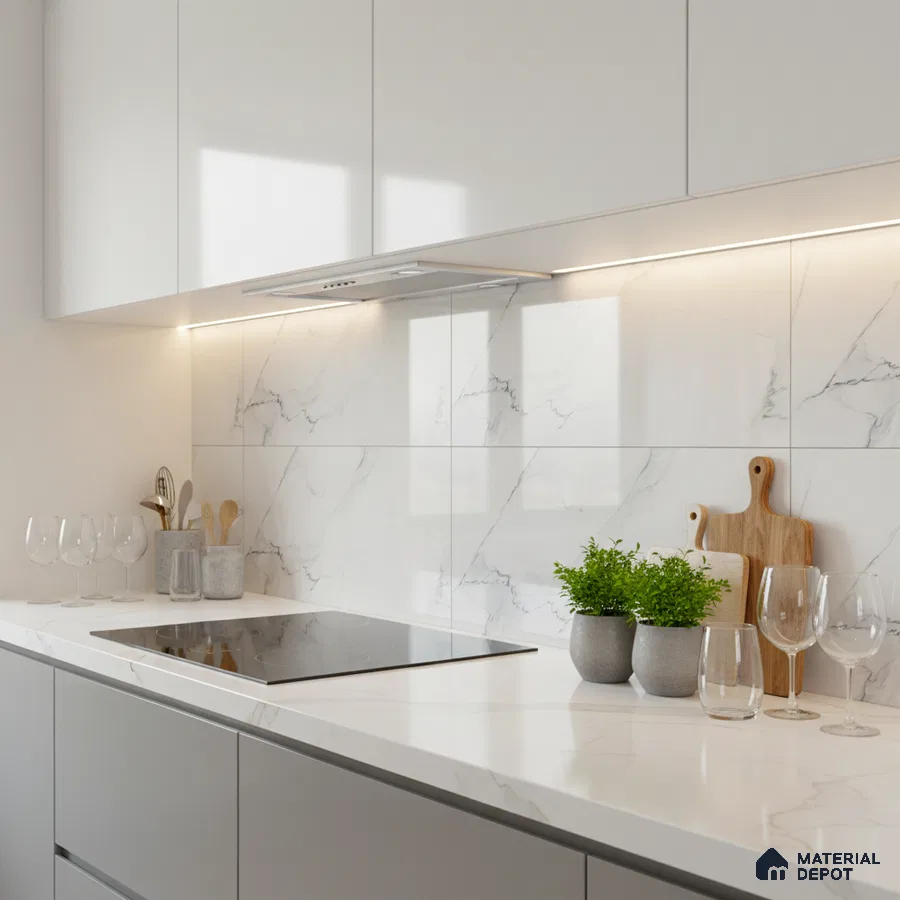 Minimalist kitchen with white marble-look backsplash tile and white quartz countertop