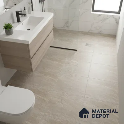 Modern bathroom with beige stone floor tiles, marble wall tiles, and light oak vanity
