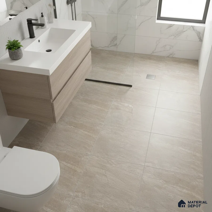 Modern bathroom with beige stone floor tiles, marble wall tiles, and light oak vanity