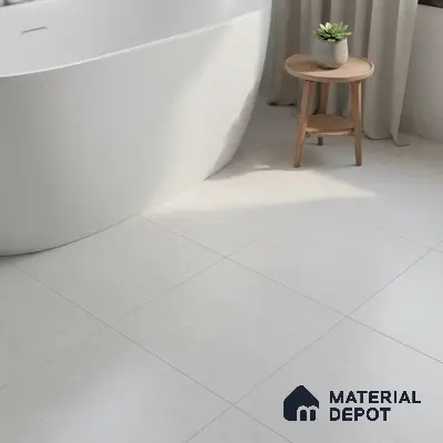Minimalist bathroom with white matte floor tiles and freestanding tub