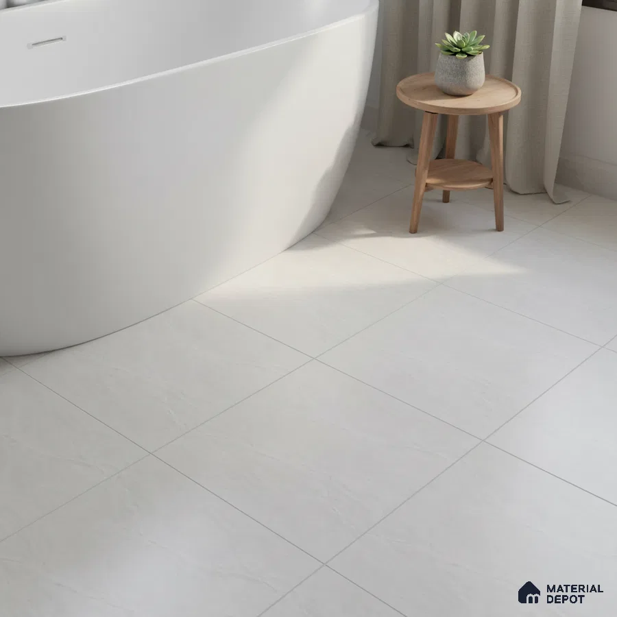 Minimalist bathroom with white matte floor tiles and freestanding tub