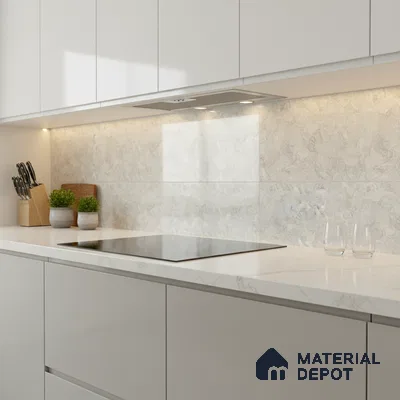 Minimalist kitchen with frosty white laminate cabinets and marble-look backsplash tile