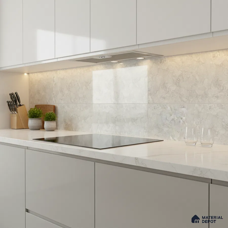 Minimalist kitchen with frosty white laminate cabinets and marble-look backsplash tile