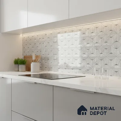 Minimalist kitchen with white laminate cabinets, white marble countertop, and geometric marble-look backsplash tile