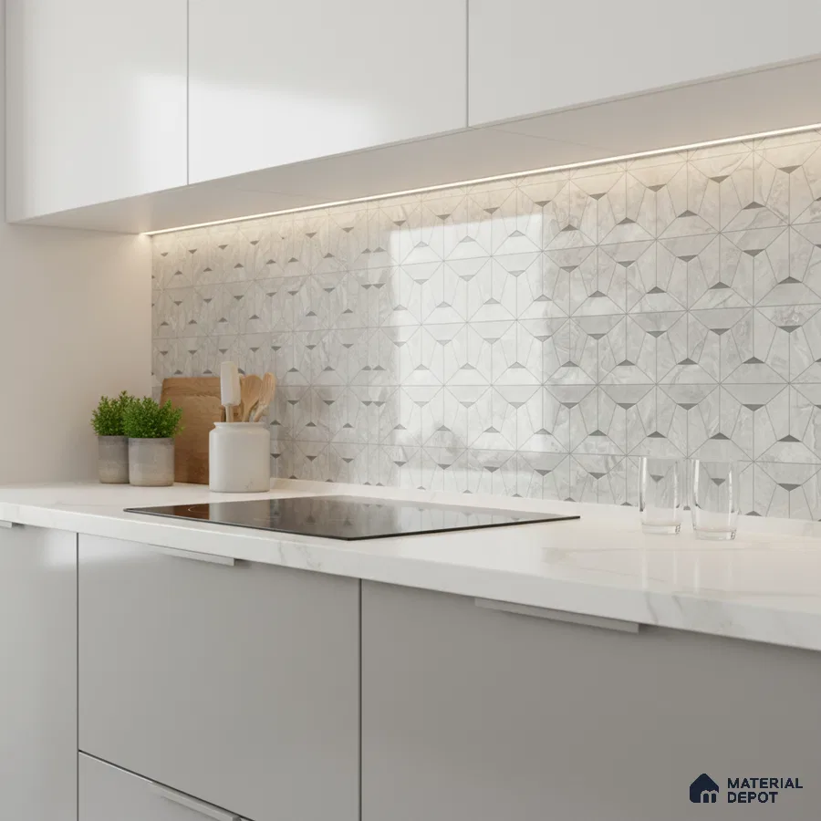 Minimalist kitchen with white laminate cabinets, white marble countertop, and geometric marble-look backsplash tile
