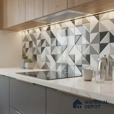 Modern kitchen with geometric monochrome backsplash tiles and white marble-look countertop