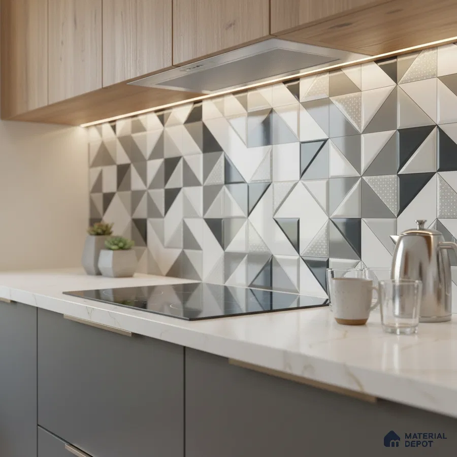 Modern kitchen with geometric monochrome backsplash tiles and white marble-look countertop