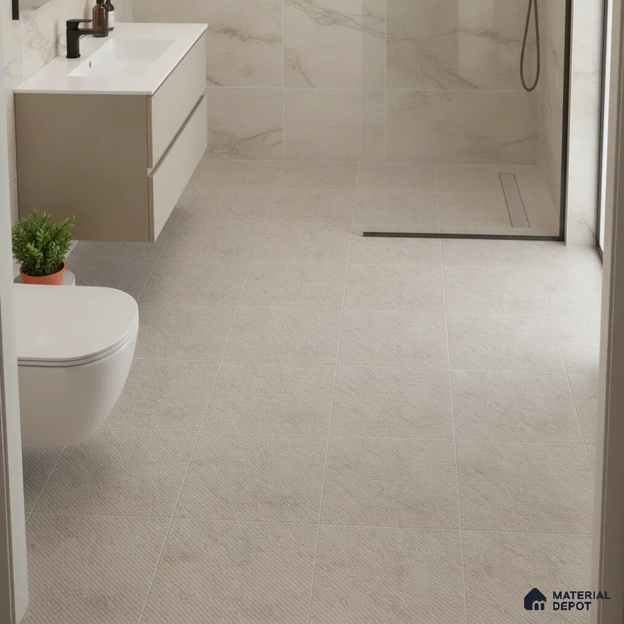 Minimalist bathroom with beige marble wall tiles and textured beige floor tiles