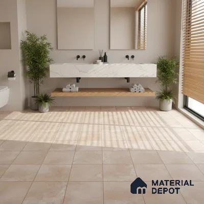 Minimalist bathroom with beige floor tiles and white marble-look floating vanity