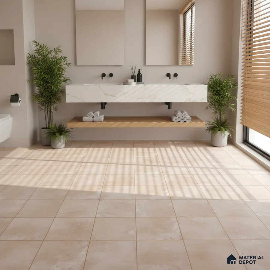 Minimalist bathroom with beige floor tiles and white marble-look floating vanity