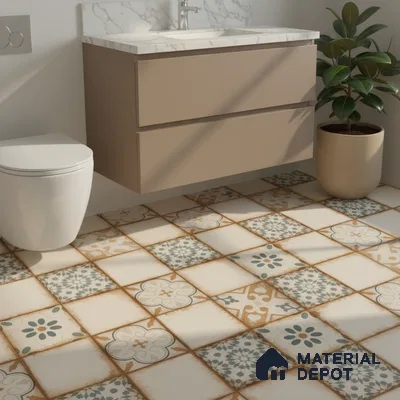 Modern bathroom with beige floating vanity, marble countertop, and patterned moroccan floor tiles