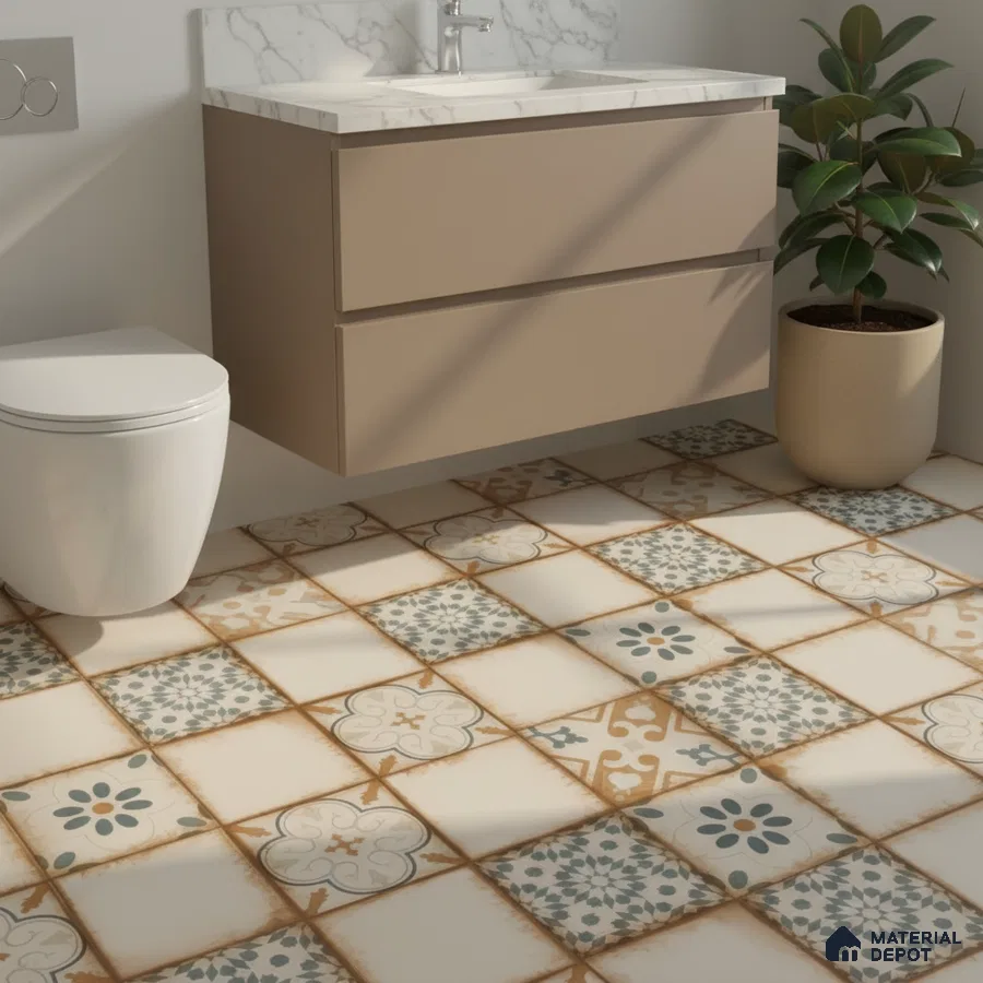 Modern bathroom with beige floating vanity, marble countertop, and patterned moroccan floor tiles