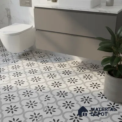 Modern bathroom with grey vanity, white marble countertop, and black-and-white floral patterned floor tiles