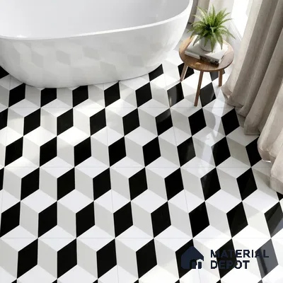 Modern bathroom with black-and-white geometric 3D floor tiles and freestanding tub