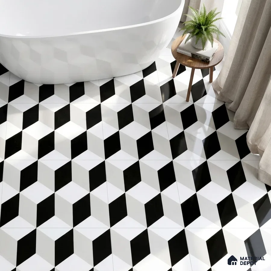 Modern bathroom with black-and-white geometric 3D floor tiles and freestanding tub