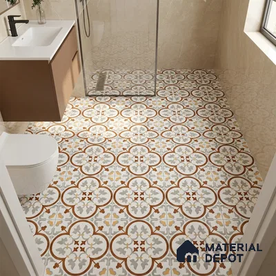 Modern bathroom with patterned moroccan floor tiles and beige marble wall tiles