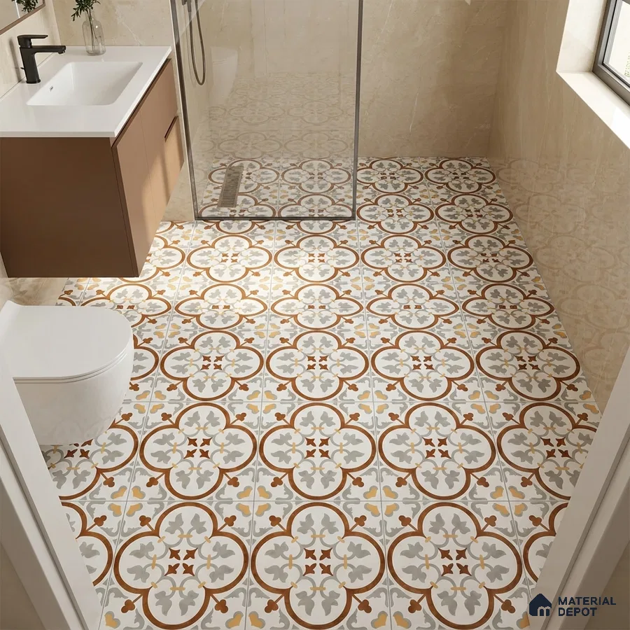 Modern bathroom with patterned moroccan floor tiles and beige marble wall tiles