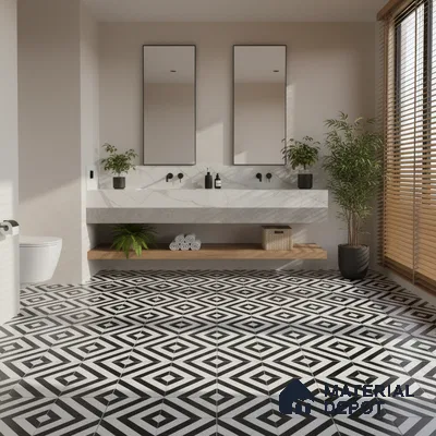 Modern bathroom with geometric black-and-white floor tiles and marble-look vanity countertop