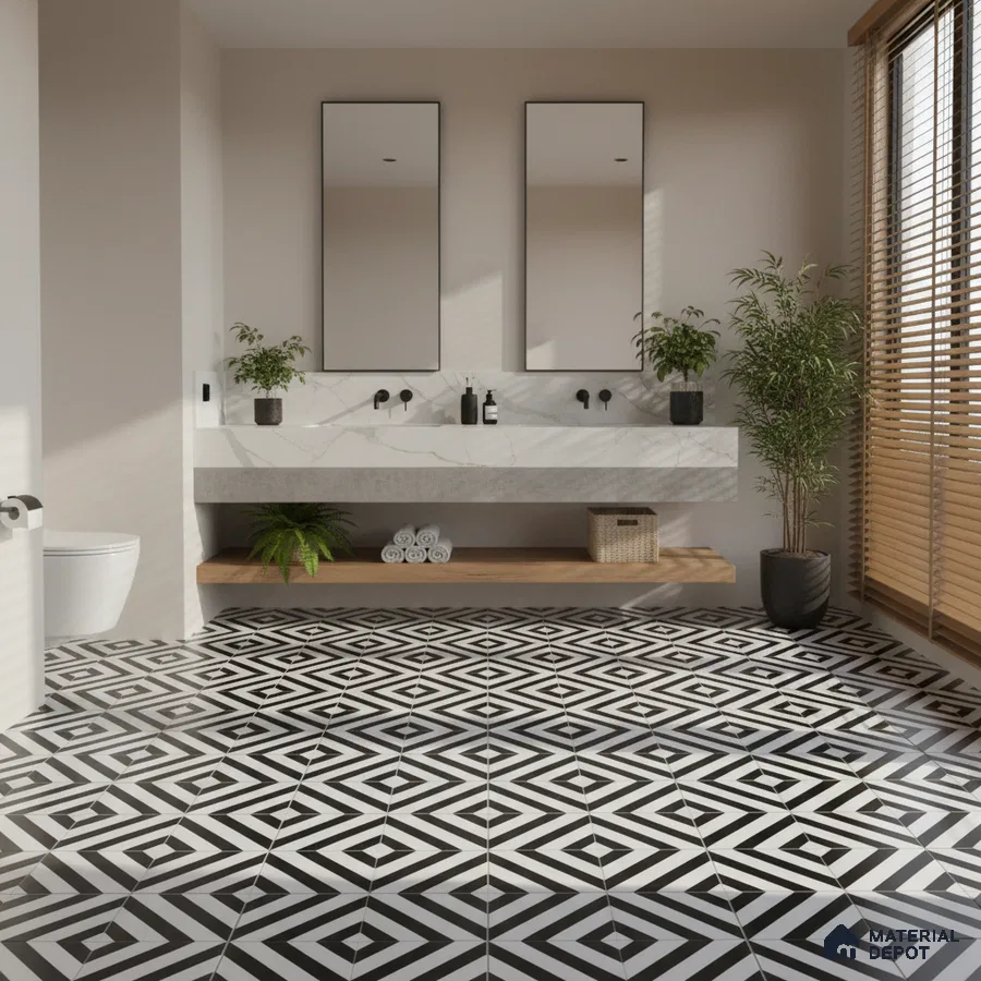 Modern bathroom with geometric black-and-white floor tiles and marble-look vanity countertop