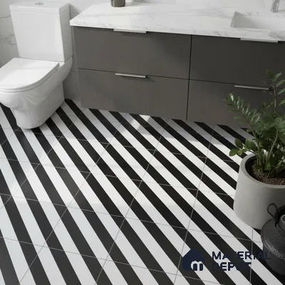 Modern bathroom with marble countertop, grey laminate vanity, and black-and-white diagonal geometric floor tiles