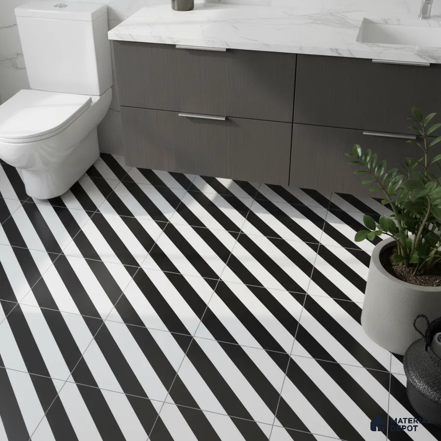 Modern bathroom with marble countertop, grey laminate vanity, and black-and-white diagonal geometric floor tiles