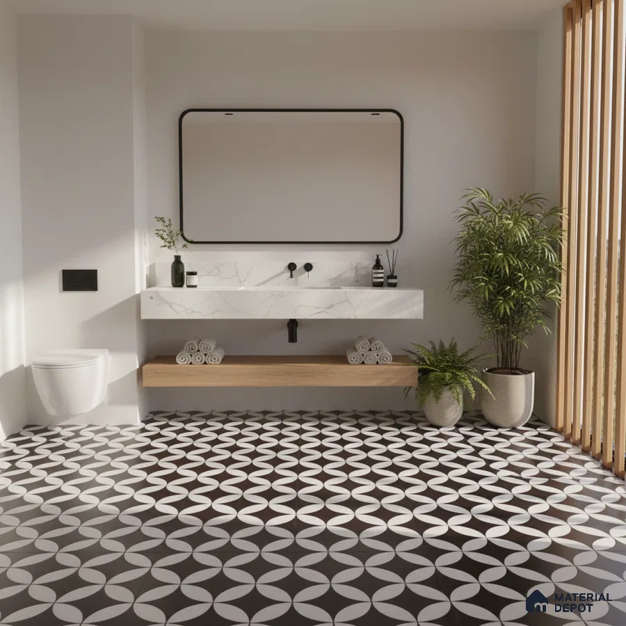 Modern bathroom with marble-look countertop and black-and-white geometric patterned floor tiles