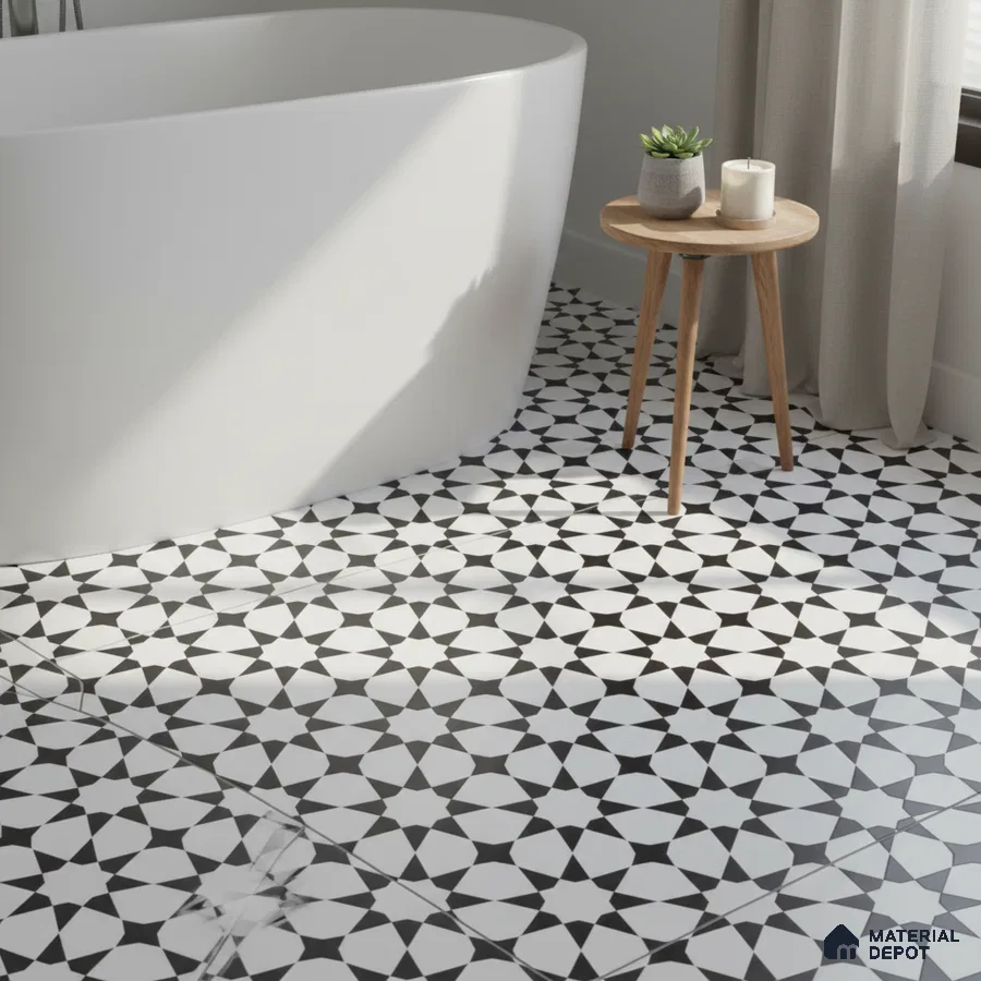 Modern bathroom with black-and-white geometric patterned floor tiles and freestanding tub