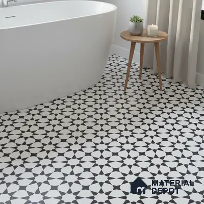 Modern bathroom with black-and-white geometric patterned floor tiles