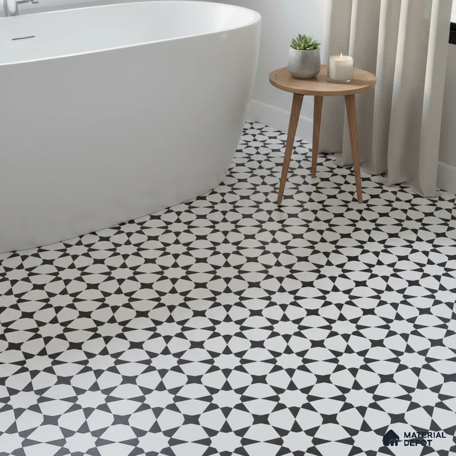 Modern bathroom with black-and-white geometric patterned floor tiles