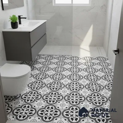 Modern bathroom with marble wall tiles and black-and-white patterned moroccan floor tiles