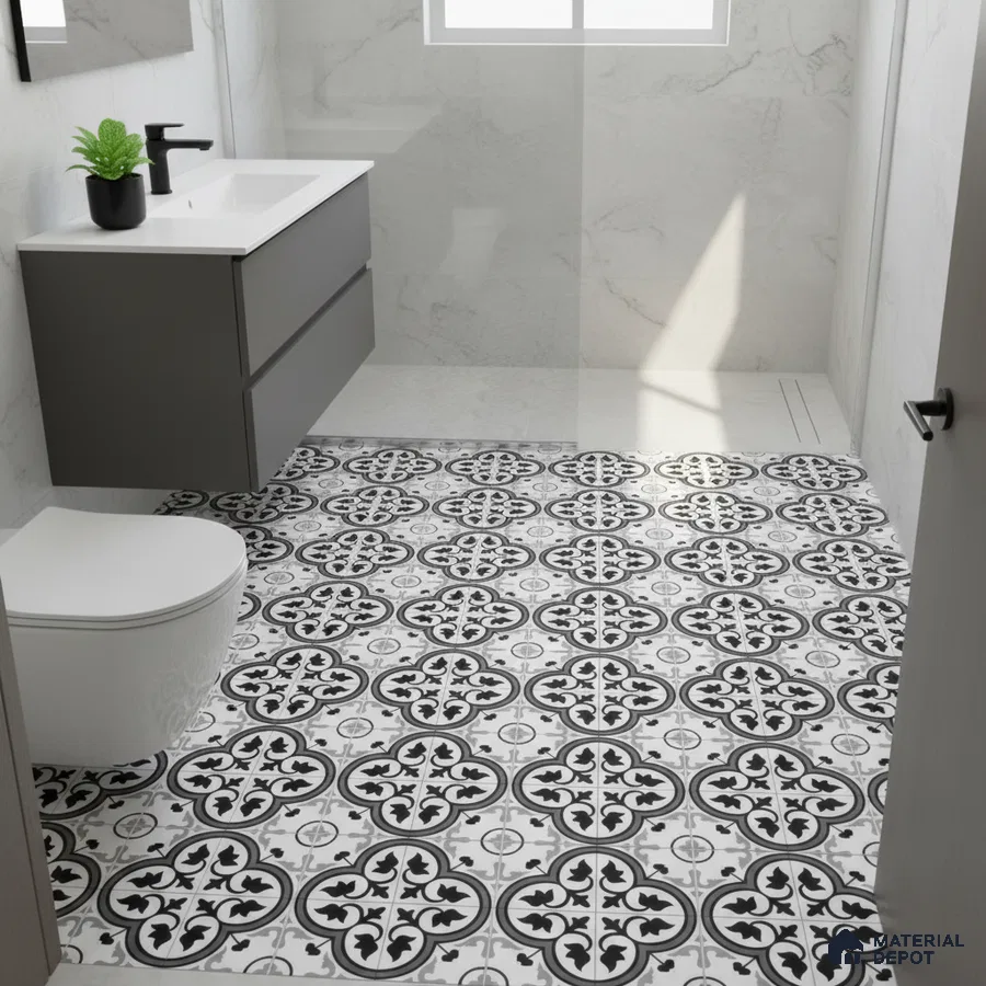 Modern bathroom with marble wall tiles and black-and-white patterned moroccan floor tiles