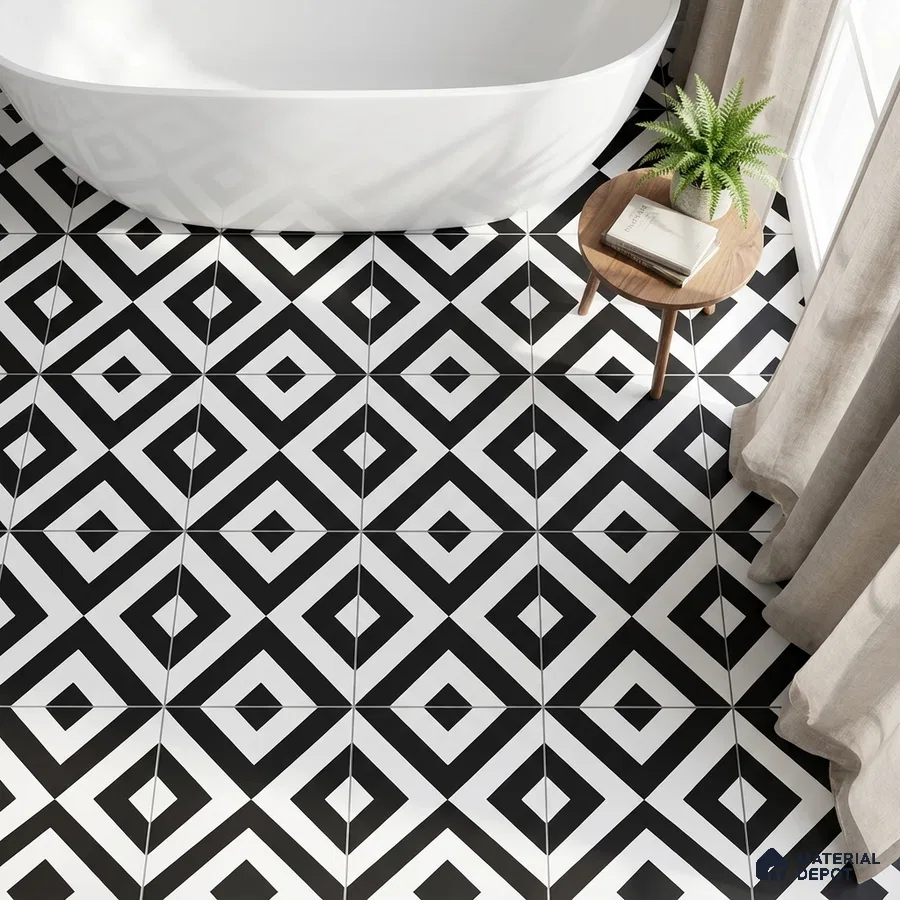 Modern bathroom with black-and-white geometric patterned floor tiles