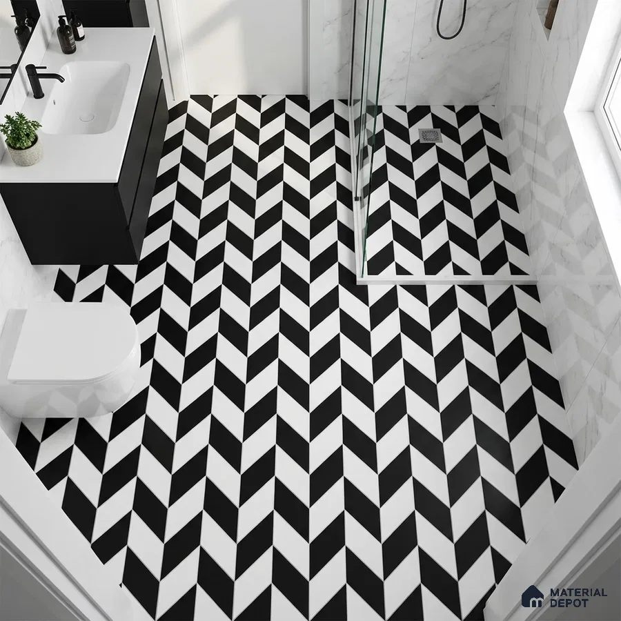 Modern bathroom with black-and-white chevron geometric floor tiles and marble wall tiles