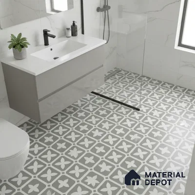 Modern bathroom with grey floral patterned floor tiles and white marble wall tiles