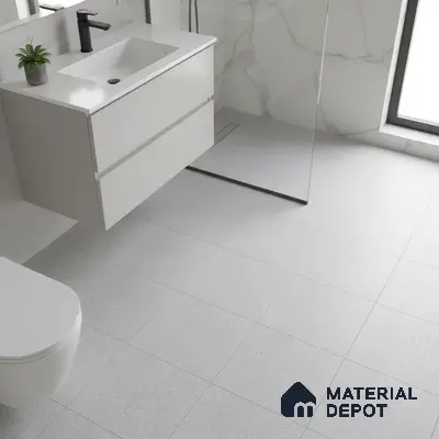 Minimalist bathroom with matte white vanity, marble wall tiles, and light grey floor tiles